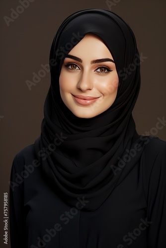 Portrait of smiling young arabian girl in black hijab looking at camera on light background, widescreen. Beautiful muslim lady, copy space - generative ai