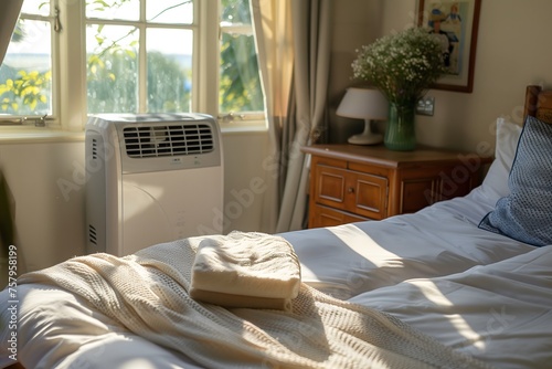 mobile air conditioner in the bedroom near the background of the window next to the bed 