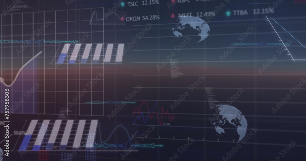 Image of financial data and statistics with globes over grid Image of financial data and statistics with globes over grid