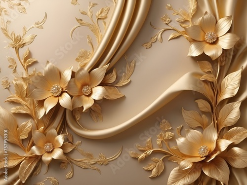 Wallpaper Mural Beautiful 3D background decorations in the form of golden flowers and a luxurious silk background print Torontodigital.ca