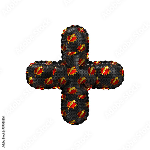 3D inflated balloon Plus Symbol/sign with red & yellow power lightning comic hero pattern black surface