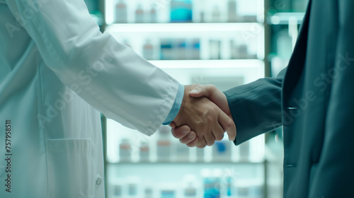 ales Representative Presenting New Medication to Doctor in Medical Building, close up of a Shaking Hands