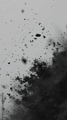 Abstract black dusty and rocks piles floating in the air