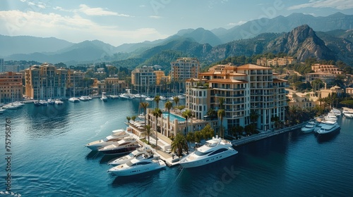 High end luxury hotel with marina overlooking the sea and mountains, aerial view of the building and port with yachts moored outside. Generative AI.