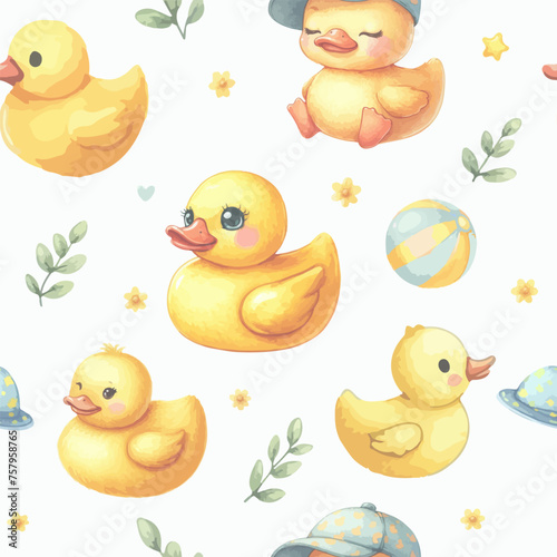 Seamless pattern of watercolor rubber ducks.