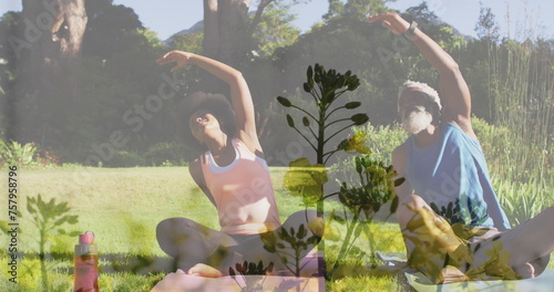Image of plants over african american couple doing yoga, stretching, slow motion