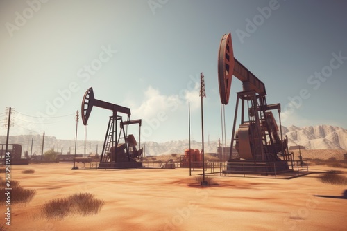 Pumpjack in oil field drilling to extract oil and natural gas out from ground. photo