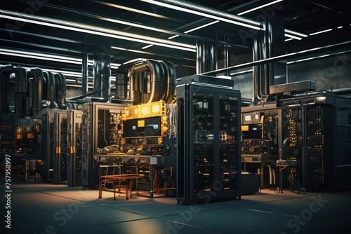 Interior view of bitcoin miner device on stand in a crypto mining farm. Photorealistic.