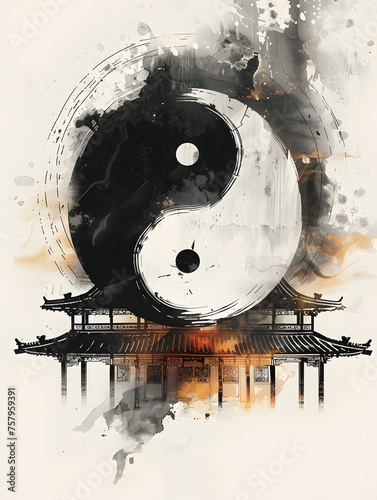 An artwork of a yin yang symbol with a temple in the background