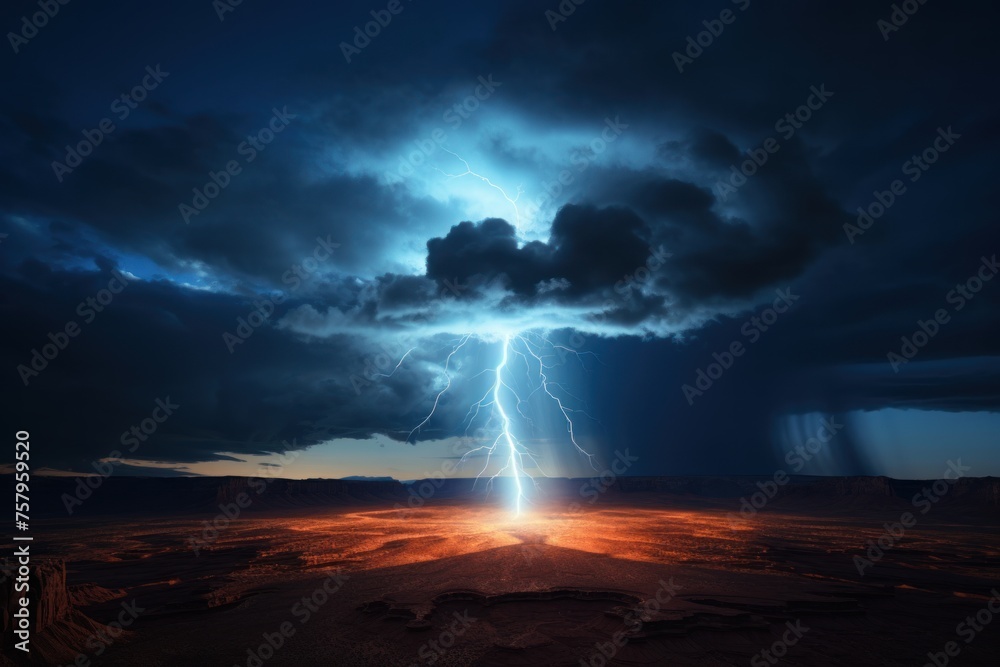 Aerial view of bright lightning strike onto ground in a thunderstorm at night. Aerial view of bright lightning strike onto ground in a thunderstorm at night.