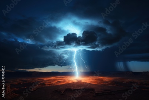 Aerial view of bright lightning strike onto ground in a thunderstorm at night. © Joyce