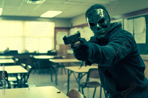 Professional photography of mask gunman entering a school.