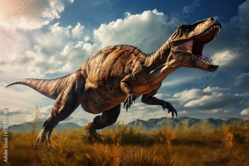 Dinosaur stands in prehistoric environment. Photorealistic.