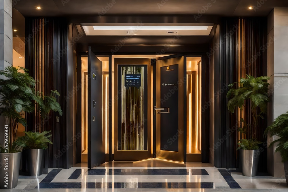 A modern hotel entrance door with a digital concierge offering immediate information and assistance. - obrazy, fototapety, plakaty 