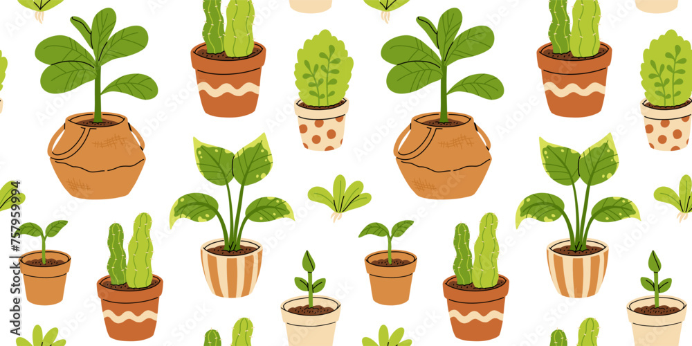 Vector seamless pattern of gardening pots and plants in pots isolated on white background. Bundle of home plants and repotting. Big set of garden elements. - obrazy, fototapety, plakaty 