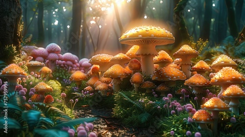 A dense green fairy forest filled pink yellow blue purple magic mushrooms, sunny day. Generative AI.