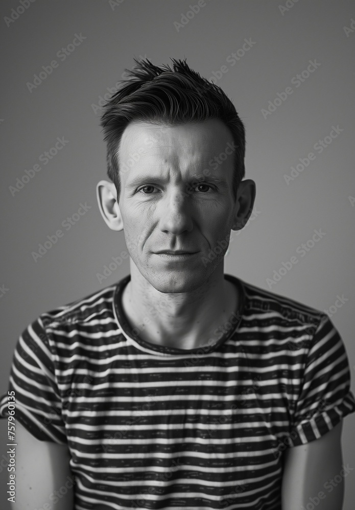 young man portrait studio shot bw in a striped T-shirt young man portrait studio shot bw in a striped T-shirt