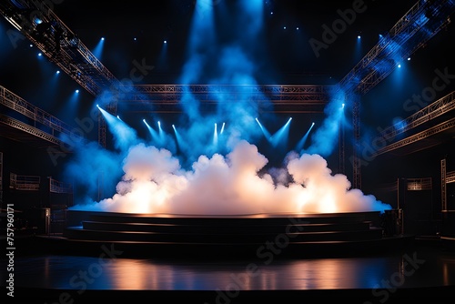 illuminated stage with blue lights and smoke