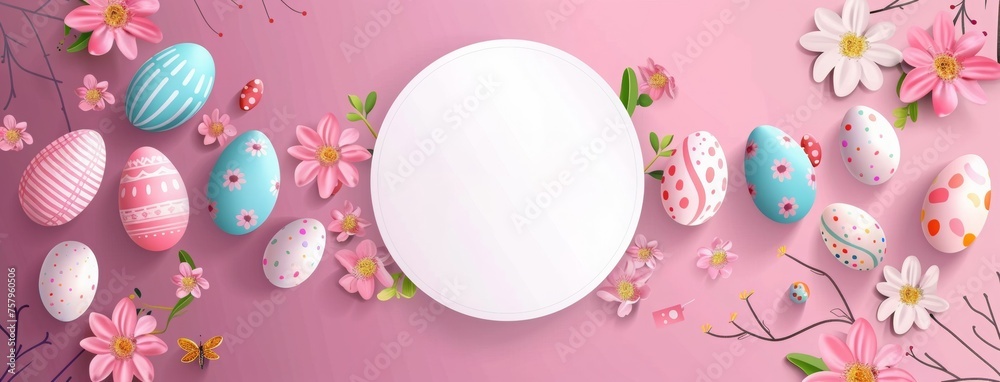 Easter sale banner template with round frame and text Happy Easter, colorful eggs and flowers background. Happy Easter special offer sale up to 75% with easter eggs, banner template for sale and promo - obrazy, fototapety, plakaty 