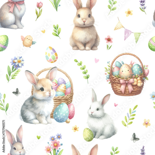 Vector seamless watercolor pattern of cute easter clipart. Pattern for printing on textiles, paper, packaging, wallpaper.