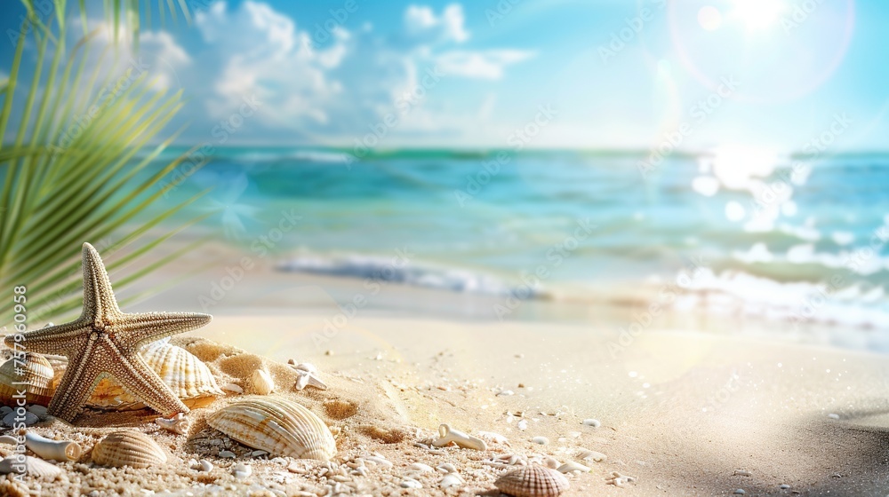 A starfish among seashells on the beach, with ocean waves and sunlight flares in the backdrop, suitable for holiday and coastal lifestyle themes. A starfish among seashells on the beach, with ocean waves and sunlight flares in the backdrop, suitable for holiday and coastal lifestyle themes.