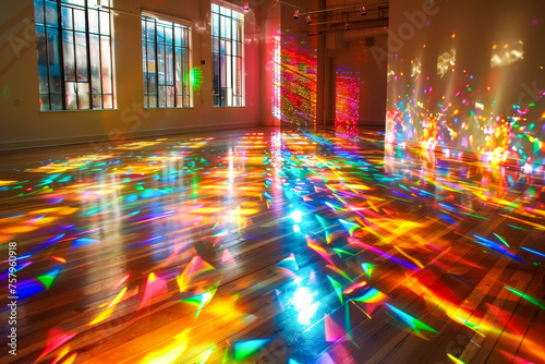 Vivid rainbow light patterns dance across the wooden floor of a room  created by sunlight filtering through colored glass windows