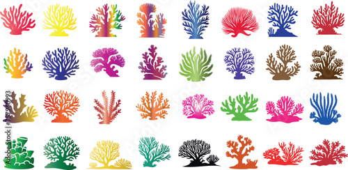 colorful coral reef vector icon set, showcasing marine biodiversity. Ideal coral reef clipart for educational content, nature visuals, underwater scenes, and environmental conservation