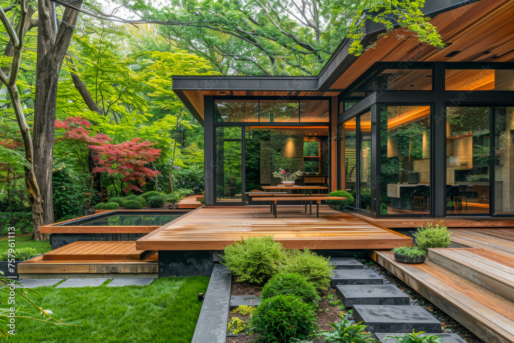 A tranquil garden setting showcasing a wooden deck and large glass windows on a modern architectural home, surrounded by vibrant greenery and flowering trees A tranquil garden setting showcasing a wooden deck and large glass windows on a modern architectural home, surrounded by vibrant greenery and flowering trees