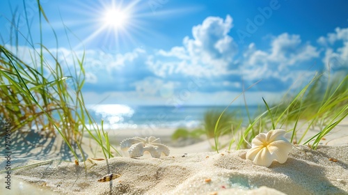 Early morning on a beach with sunlight streaming over the sea and sand, creating a serene beachscape. Ideal for themes of vacation and serenity, with space for text on the beach.