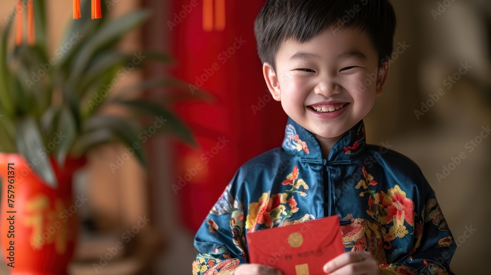 A little boy in traditional clothing with red envelope, or red pack, Hongbao, during Chinese lunar new year celebration. A little boy in traditional clothing with red envelope, or red pack, Hongbao, during Chinese lunar new year celebration.