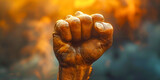 A strong and powerful image of a person raising their fist in the air, symbolizing defiance and protest. The gesture exudes empowerment and determination