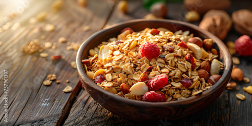 Gathered wooden bowl mix nuts and dried fruits offers nutritious snack healthy food using oatmeal spices and nuts wood table background