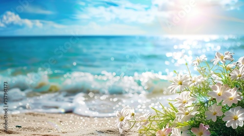 White flowers adorn a sunlit beach, symbolizing purity and tranquility, ideal for themes of nature and serenity, with sparkling water and space for text.