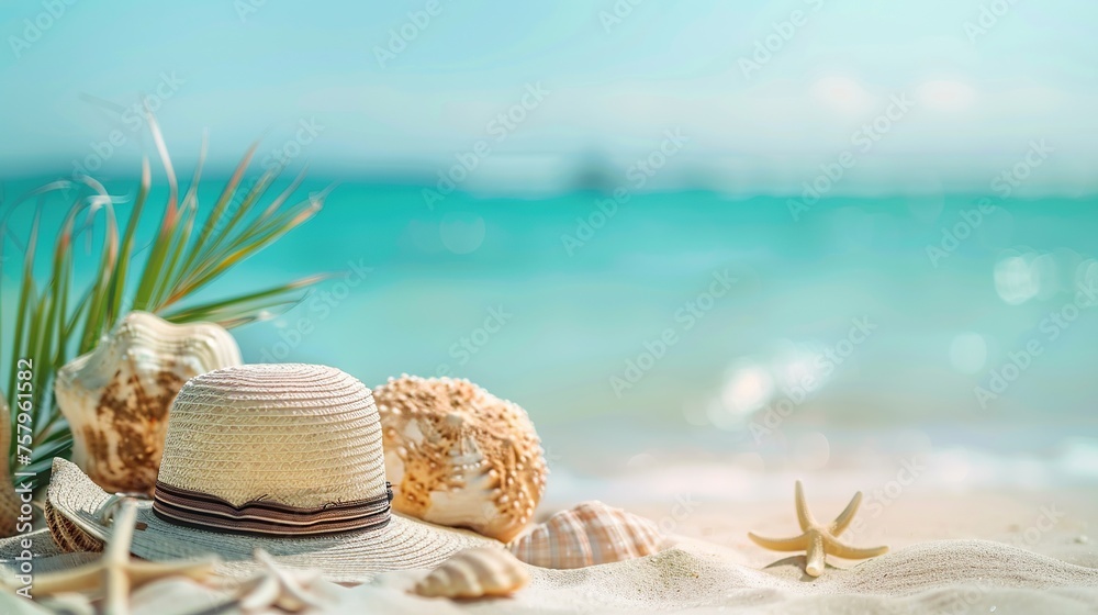A tranquil beach scene with a straw hat and seashells in the foreground, invoking a sense of peaceful vacation time. This image is ideal for travel and tourism, with clear space for text. A tranquil beach scene with a straw hat and seashells in the foreground, invoking a sense of peaceful vacation time. This image is ideal for travel and tourism, with clear space for text.