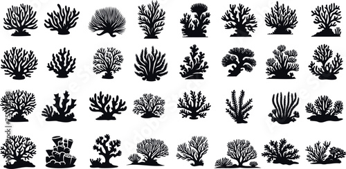 Black coral reef silhouettes, diverse coral shapes, sizes, underwater marine life, ideal coral reef vector  for aquatic, environmental designs,  natural formations