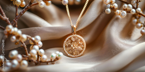 This close-up photo showcases a classic necklace laid on a textured cloth, highlighting the intricate details and elegance of the jewelry piece