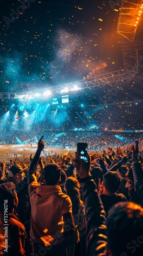 A crowd of people are celebrating in a soccer or football stadium