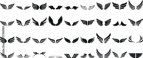 wing silhouette vector set, angel or bird wings. Ideal wing vector for logo design, tattoos, decals. Highly detailed, customizable, various designs on white background photo