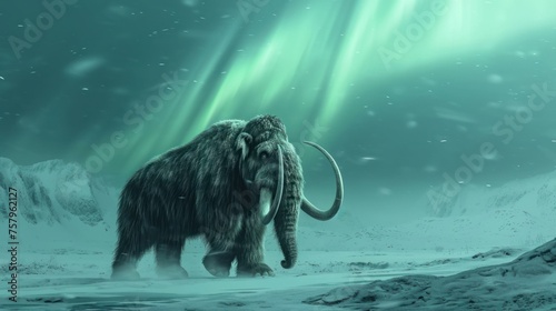 Mammoth walking in snow field in freezing winter with northern lights.