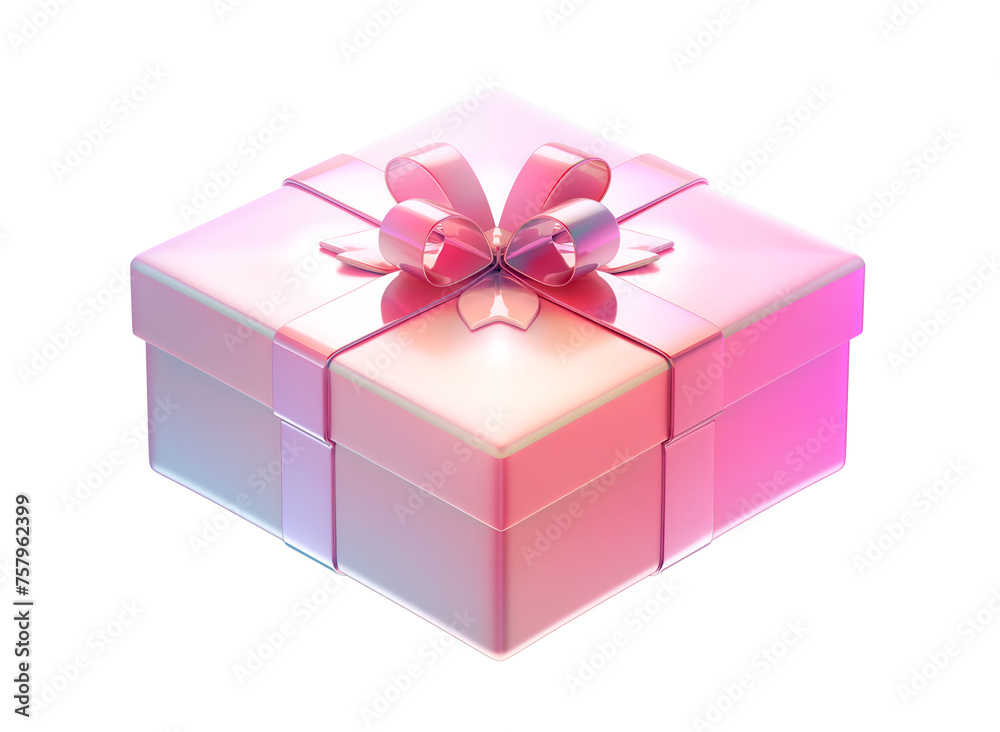 Shimmering pink gift box with delicate bow, isolated on white background. Metallic pink present, elegant shiny 3D present box on white. 3D pink present box icon on white. Iridescent pink gift Shimmering pink gift box with delicate bow, isolated on white background. Metallic pink present, elegant shiny 3D present box on white. 3D pink present box icon on white. Iridescent pink gift