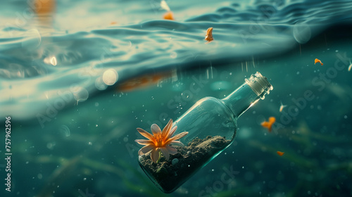 flower and letter in ther bottle floating in blue ocean (4) photo