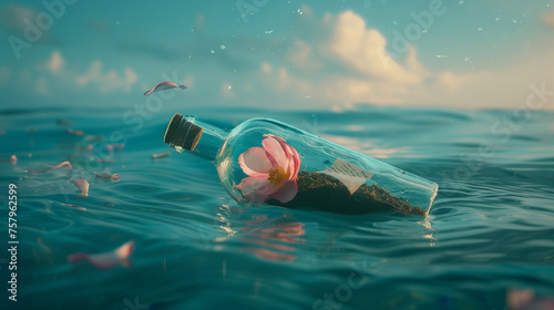 flower and letter in ther bottle floating in blue ocean (3) photo