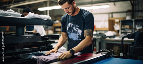 Young man printing on t-shirt at workshop photo