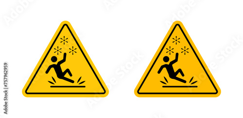 Ice Slip Hazard Sign. Caution for Snowy Slippery Surfaces. Road Sign Warning of Icy Conditions.