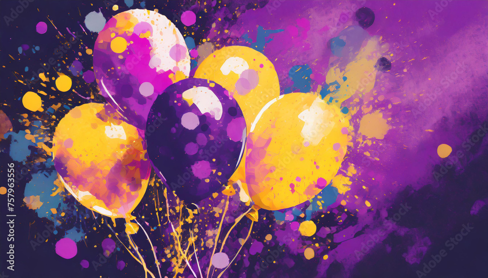 Pop art style picture of party balloons on abstract dark purple background with paint splatter effect Pop art style picture of party balloons on abstract dark purple background with paint splatter effect
