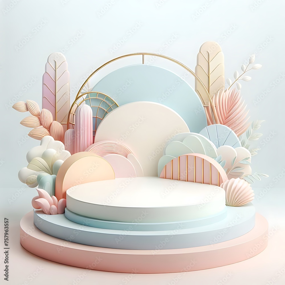 Fototapeta premium Set of white realistic 3d cylindrical pedestal podiums with pastel colors in a semicircle background. Abstract geometric platform. Product display presentation. Minimal scenes.