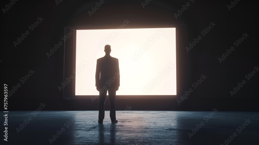 Obraz premium 3D Businessman with a Blank Projector Screen