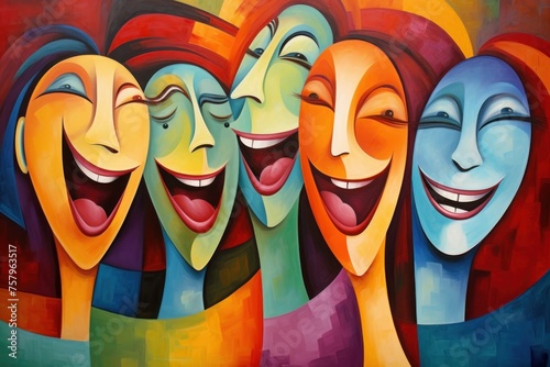 Laughing buddies, group of friends laughing together, their faces filled with joy and mirth. Сreative illustration. A celebration of laughter. April Fools Day 