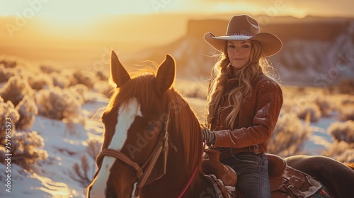 Cowgirl on horseback in wild rugged field in winter with snow. © Joyce