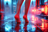 female legs feet in high-heeled red shoes of woman prostitute slender girl on street at night